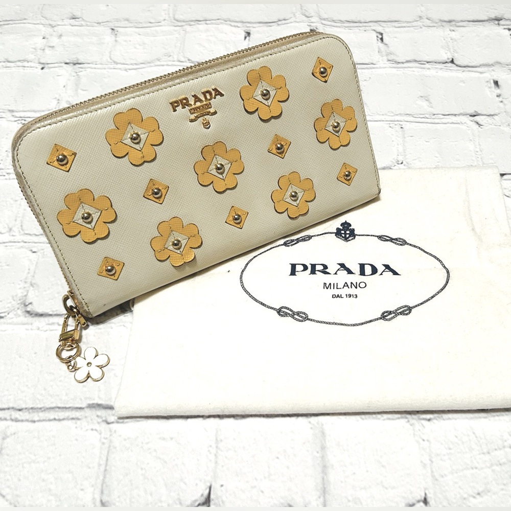 Prada Saffiano Leather Appliqué Flowers Zippy Long Wallet With Dust Bag